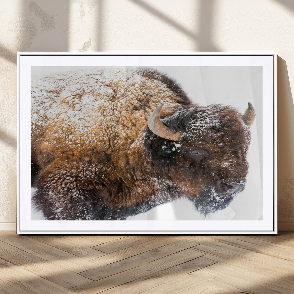 Snowy Buffalo Wall Art Canvas Print – Framed Rustic Lodge