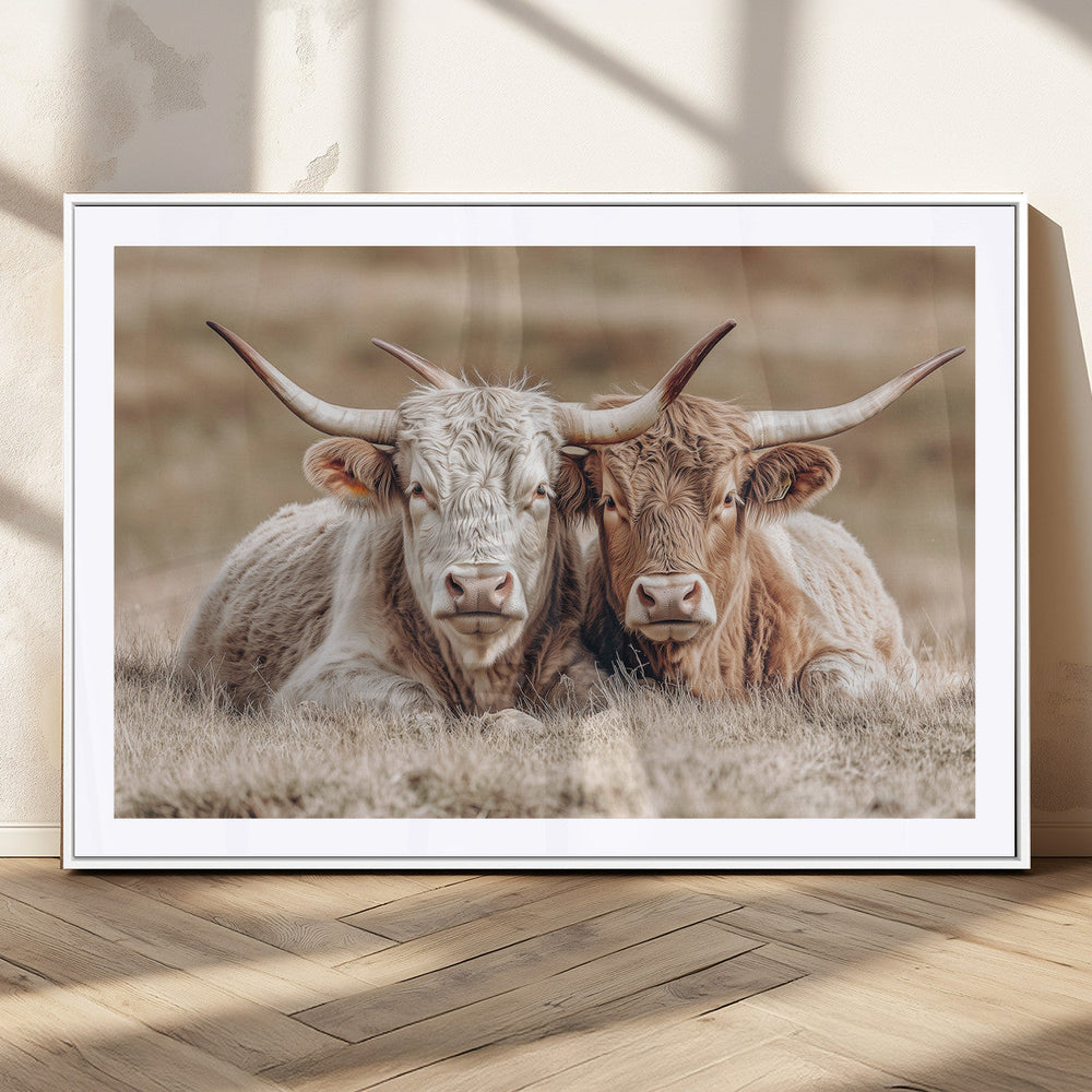 Couple Highland Cows Wall Art Canvas Print – Peaceful Meadow