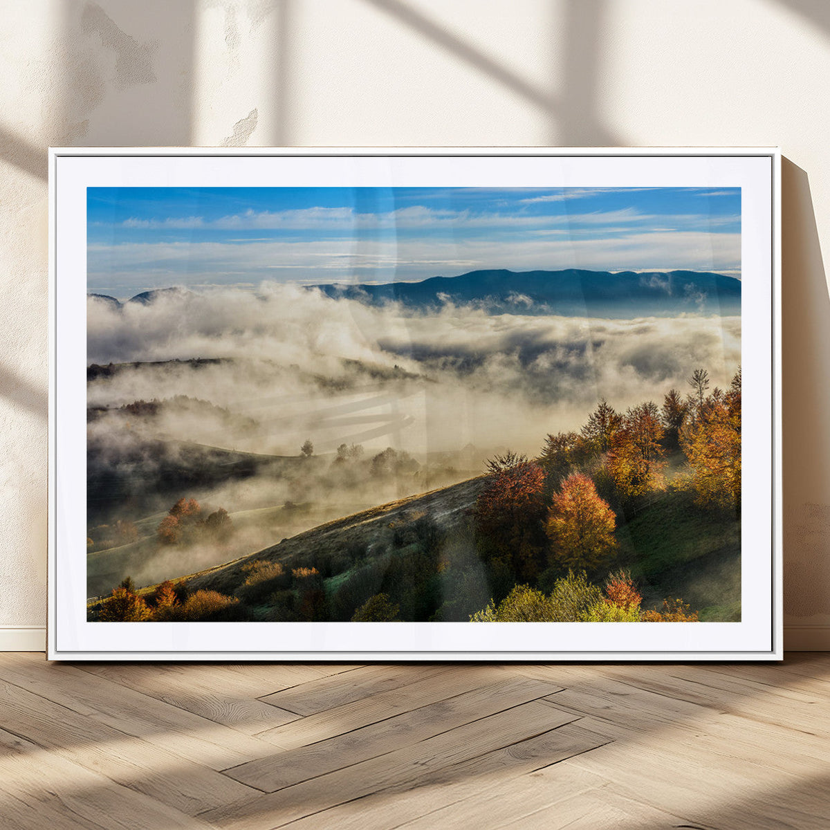 Misty Autumn Hills Wall Art Canvas Print, Foggy Forest