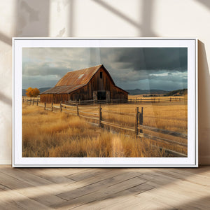 Golden Sunset Barn Wall Art Canvas Print, Rustic Autumn Farm