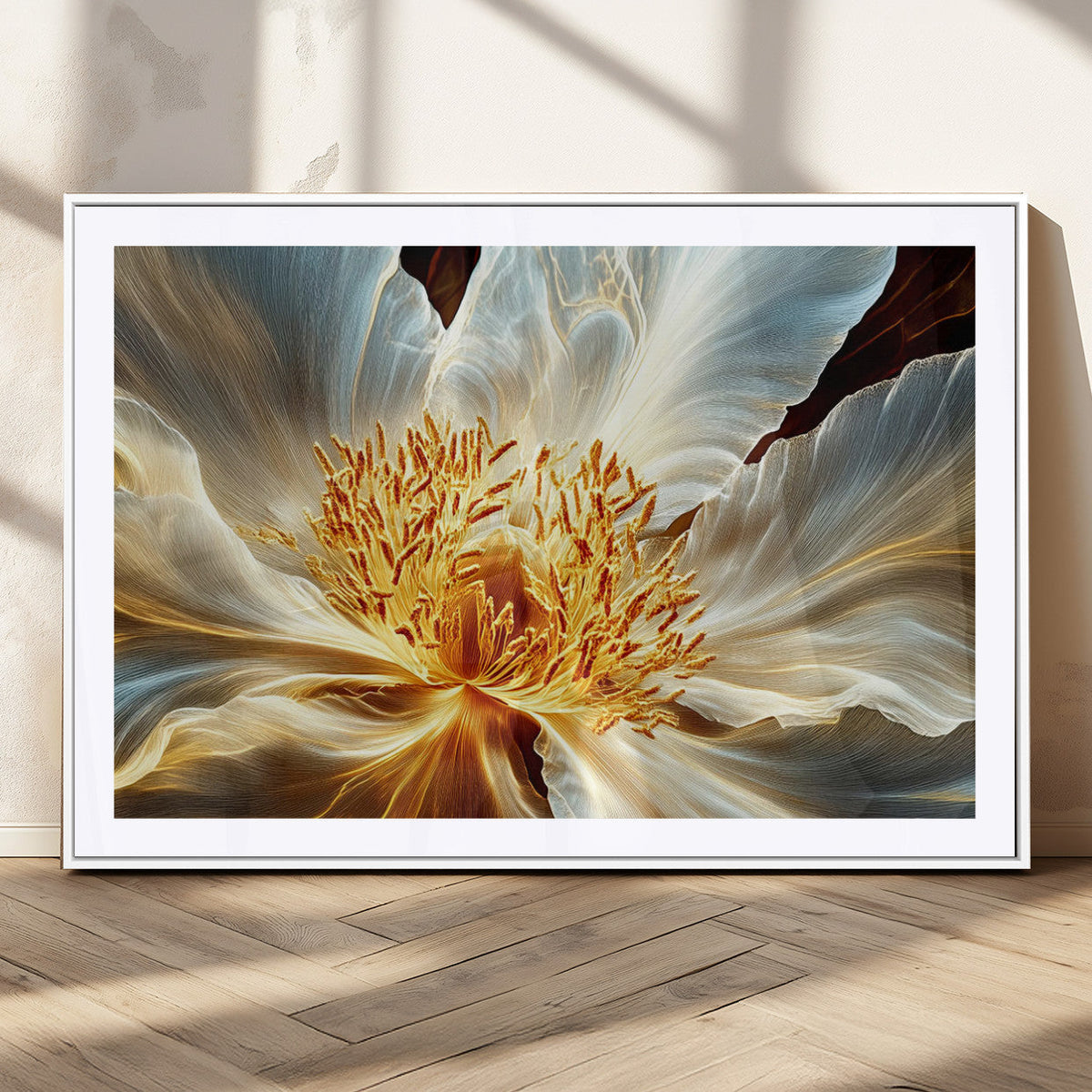 Golden Abstract Flower Canvas Wall Art, Modern Botanical
