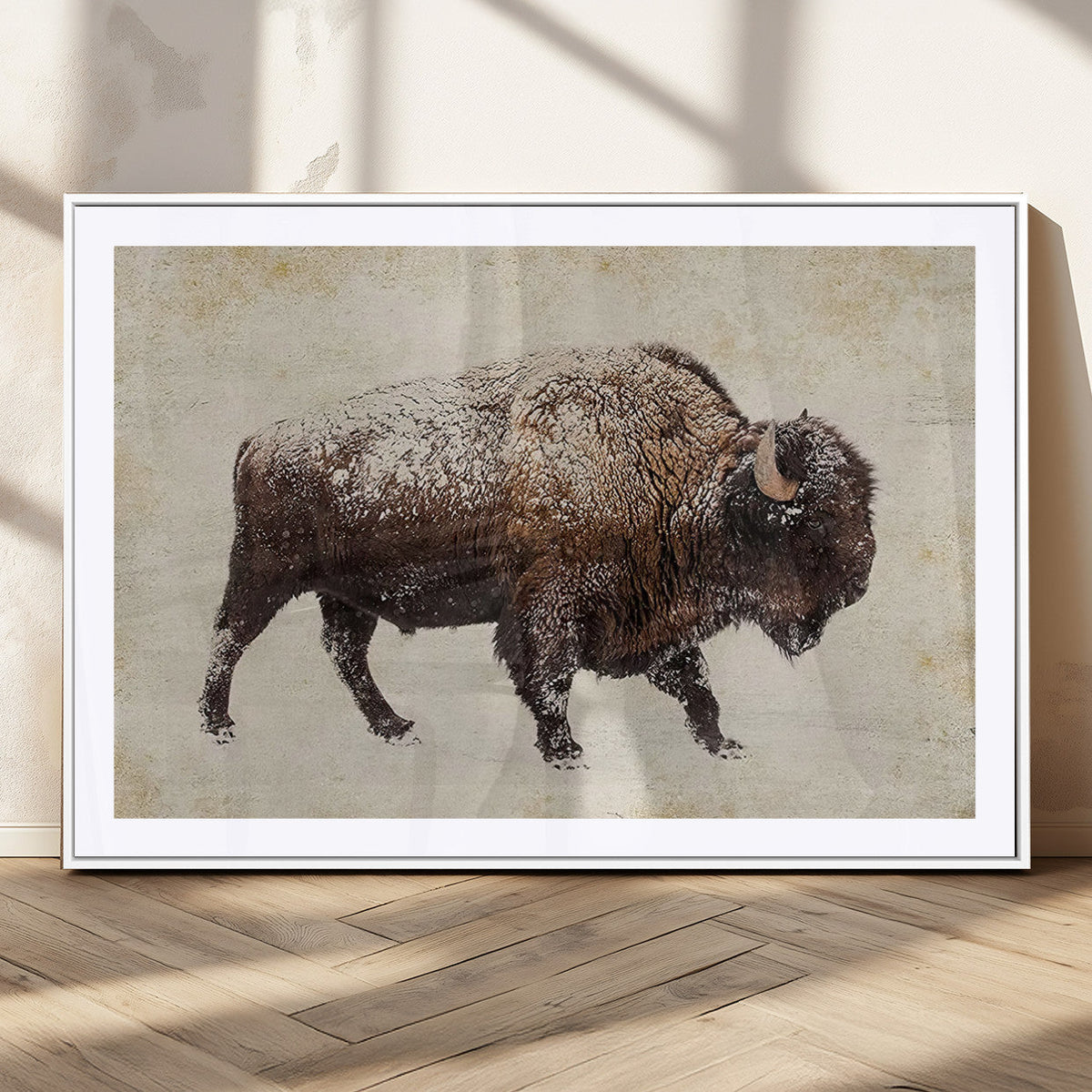 Snow-dusted bison silhouette textured vintage style rugged