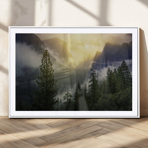 Misty Mountain Valley Wall Art Canvas Print, Golden Sunrise