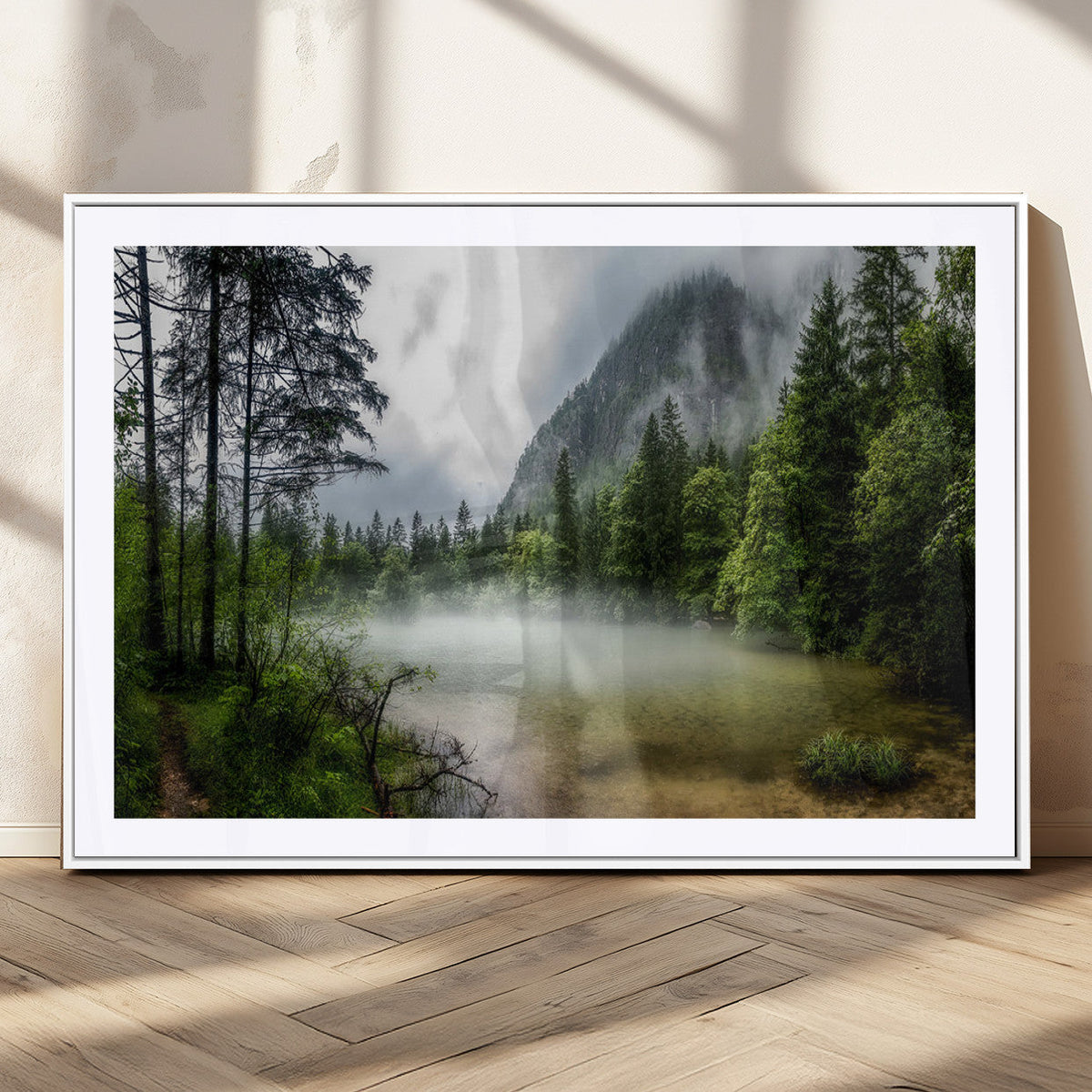 Misty Lake Forest Wall Art – Green Trees Calm Water