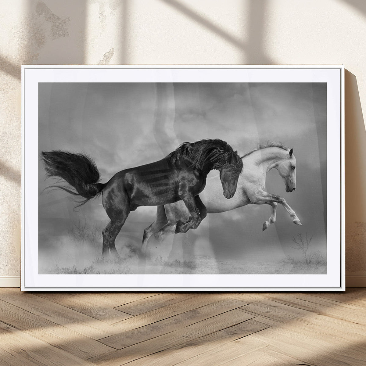Wild Horses Wall Art Canvas Print – Framed Black and White