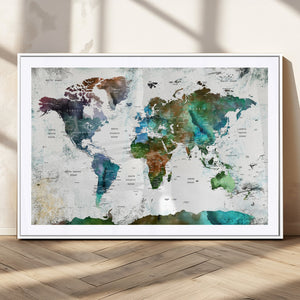 Modern Watercolor World Map Canvas Wall Art – Framed