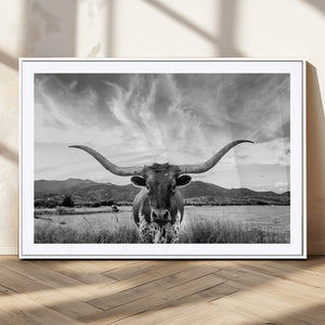 Longhorn Black and White Wall Art – Rustic Western Bull