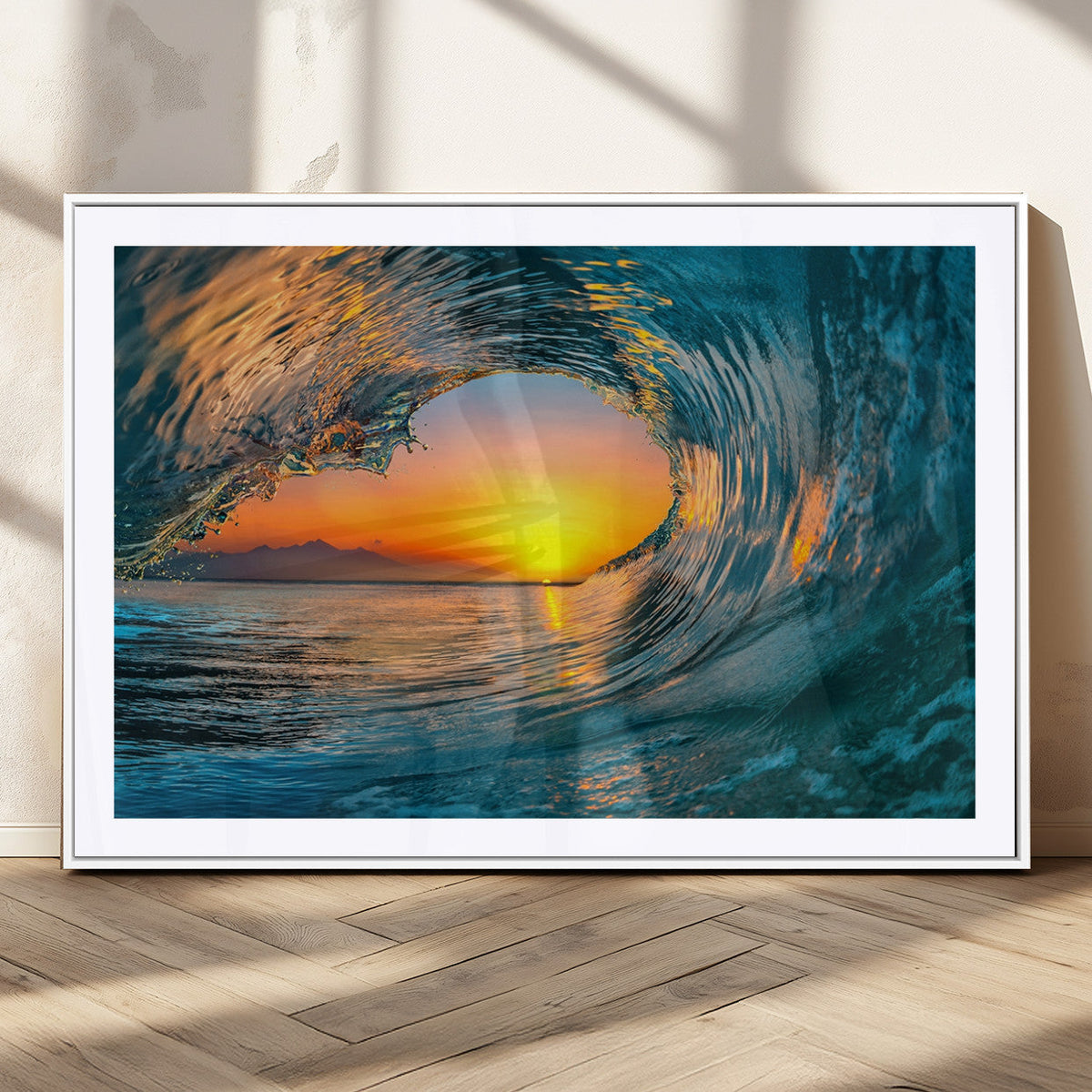 Ocean Wave Sunset Wall Art | Large Coastal Wave Canvas Print