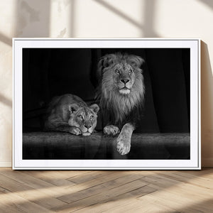 Large Black and White Lion Couple Wall Art Canvas Print –