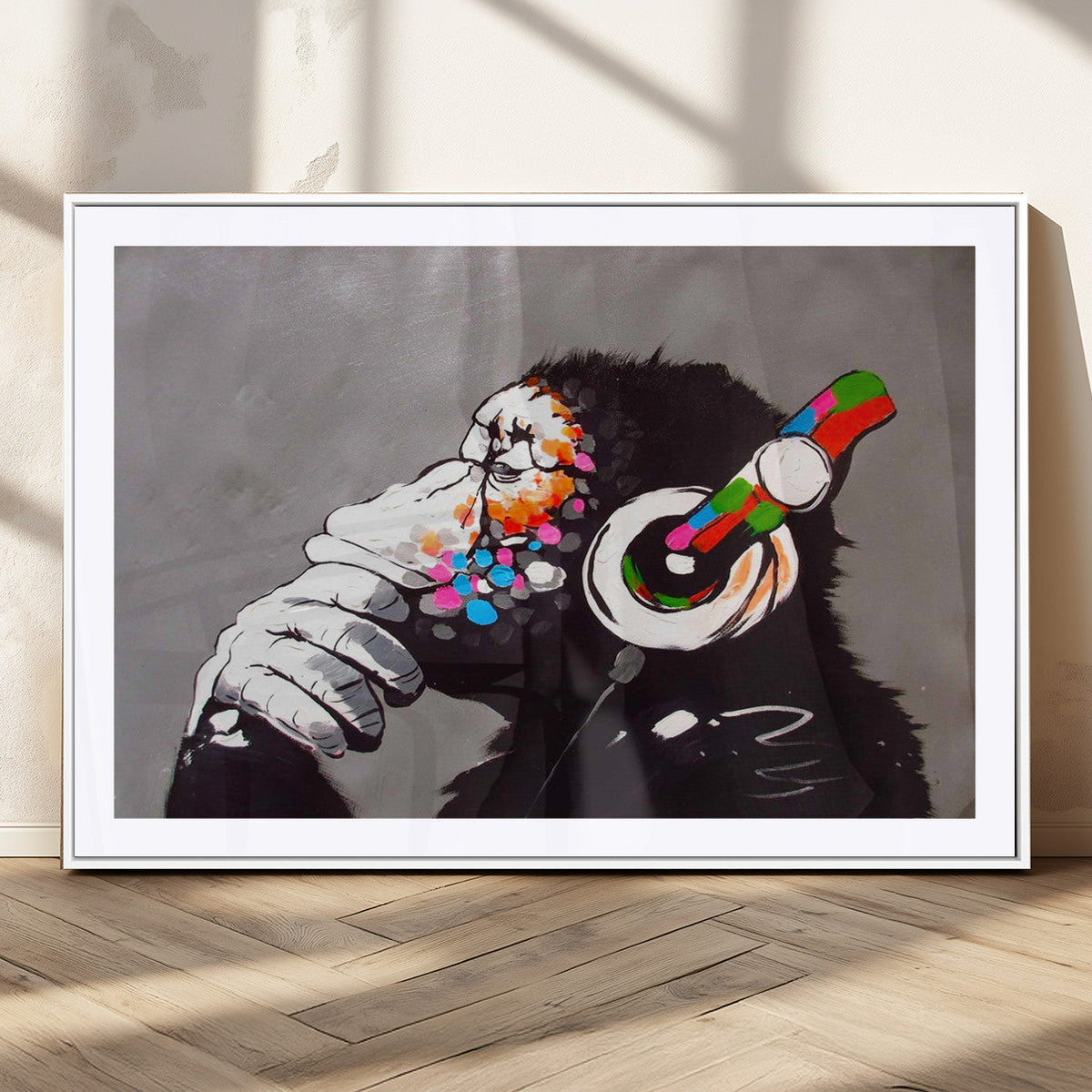 Dj Monkey Listening to Music Wall Art Print | Banksy Monkey