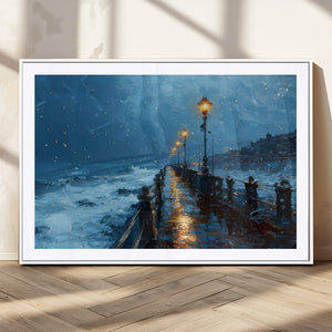 Stormy Night at Beach Pier Oil Painting Large Wall Art