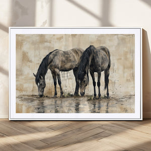 Chinese Style Abstract Black Horses Wall Art Canvas Print -