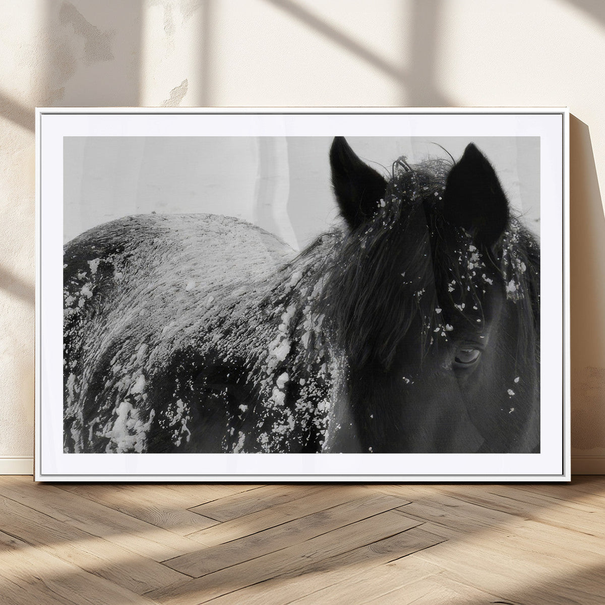 Black Horse in Snow Canvas Print | Winter Horse Wall Art |