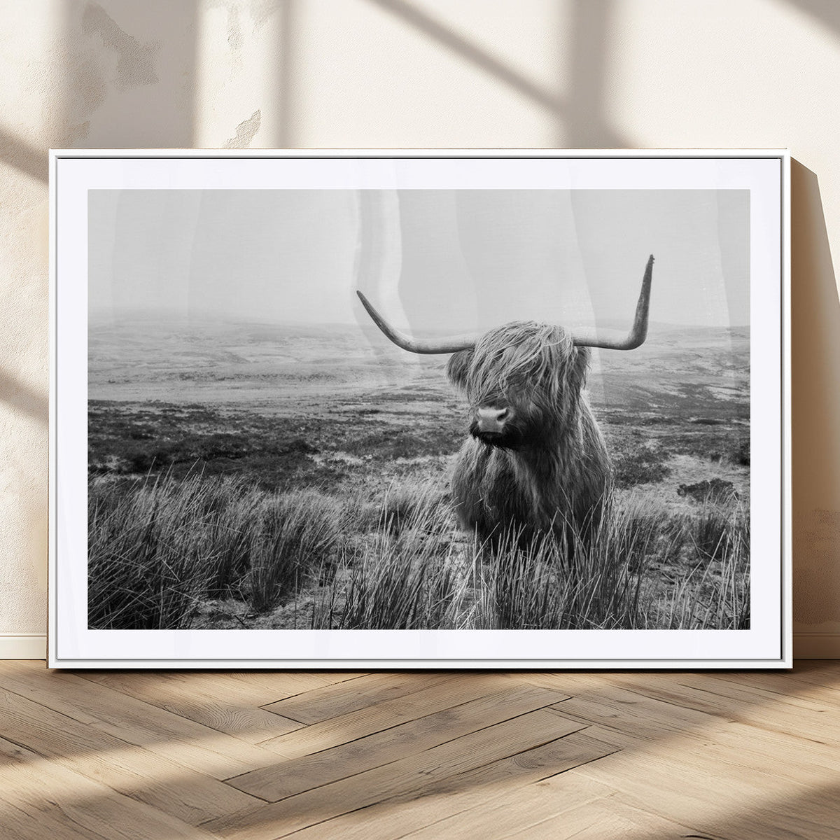 Scottish Highland Cow Wall Art | Black and White Canvas