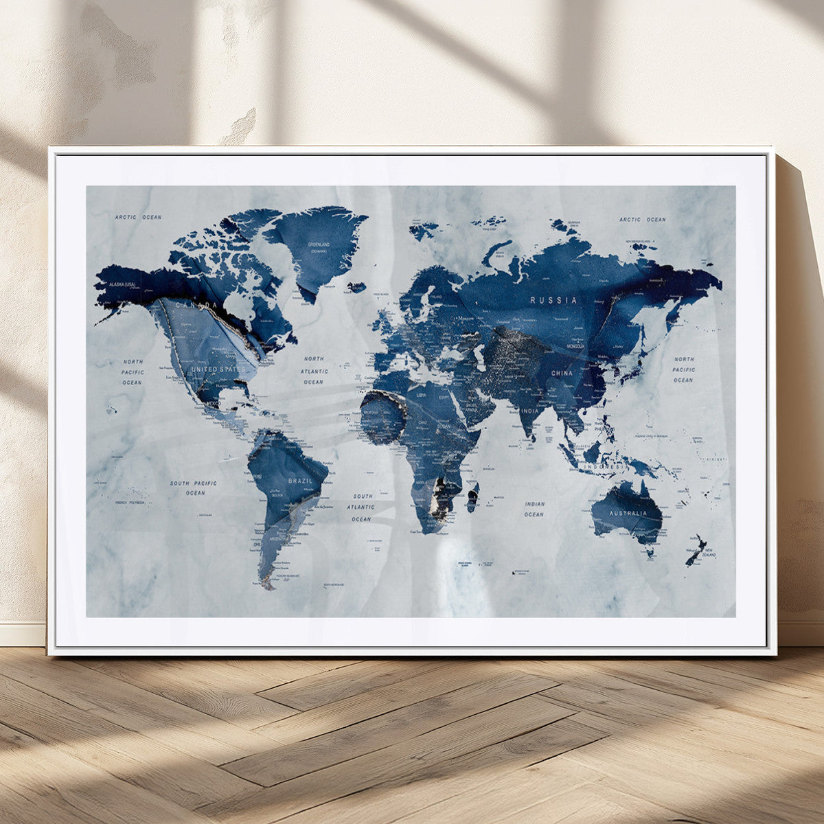 Modern Blue World Map Canvas Print – Framed Wall Art,