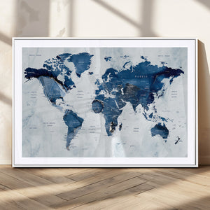 Modern Blue World Map Canvas Print – Framed Wall Art,