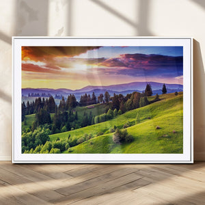 Green Hills and Sunset Wall Art Print - Scenic Landscape