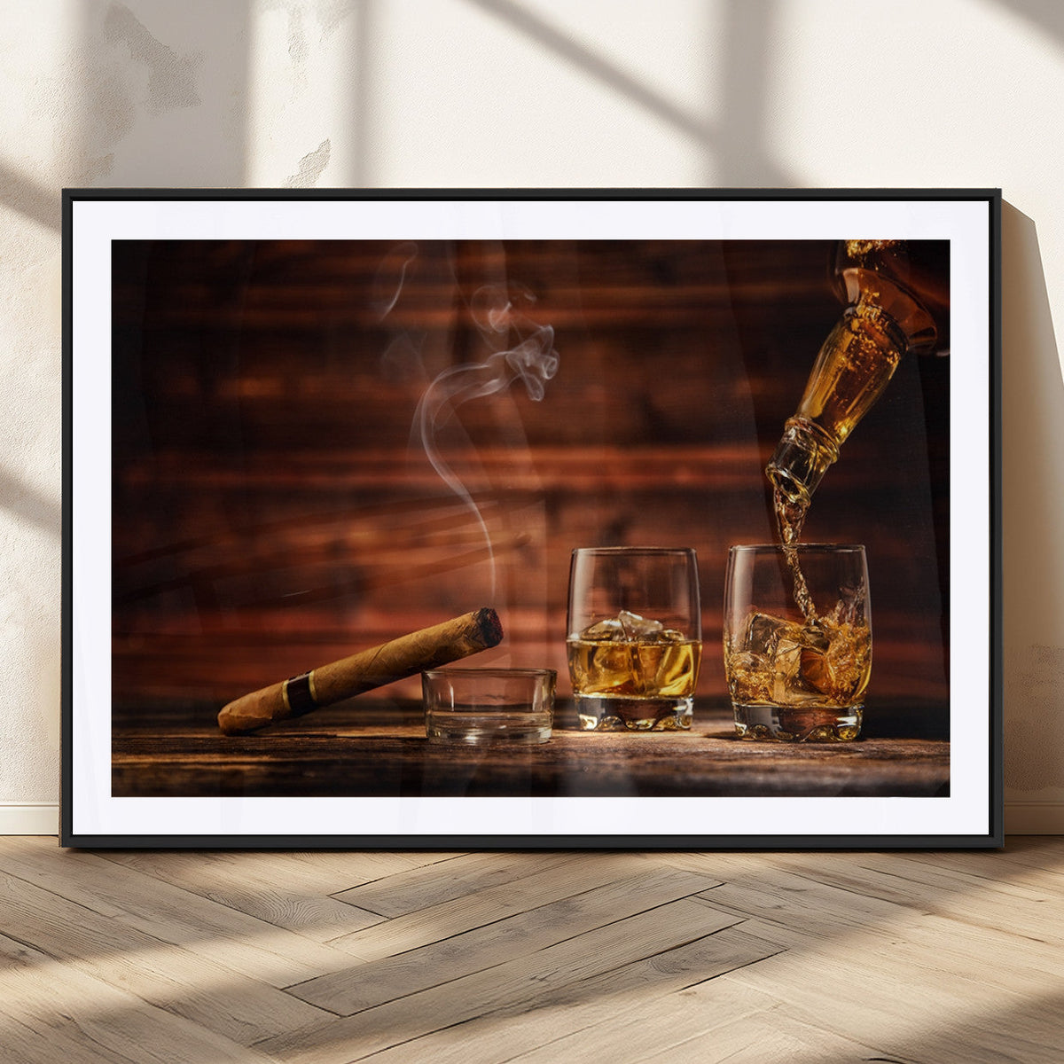 Whiskey and Cigar Wall Art Canvas | 3 Panel Bar Room Decor