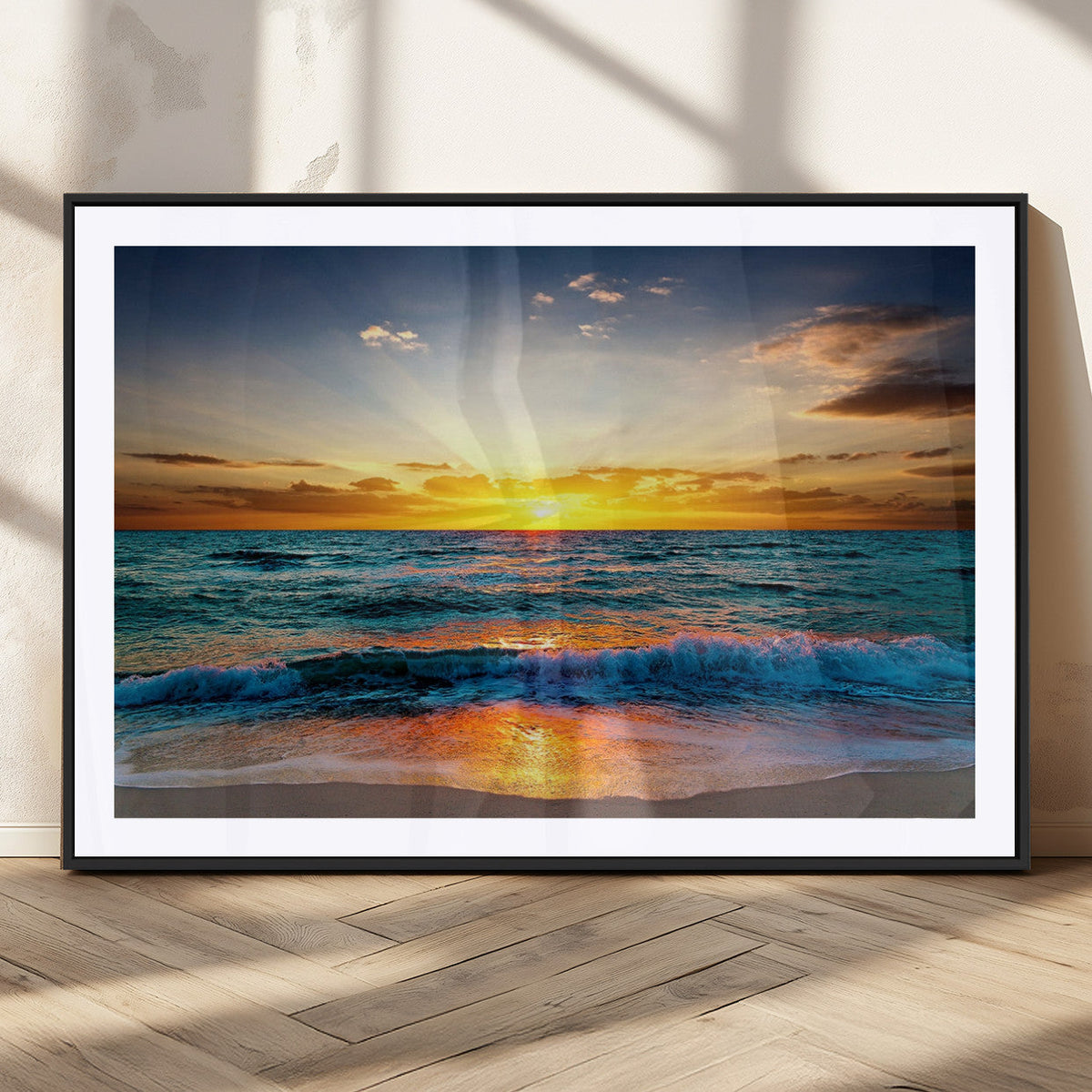 Vibrant Ocean Sunrise Over Golden Beach Waves, Giclee Canvas
