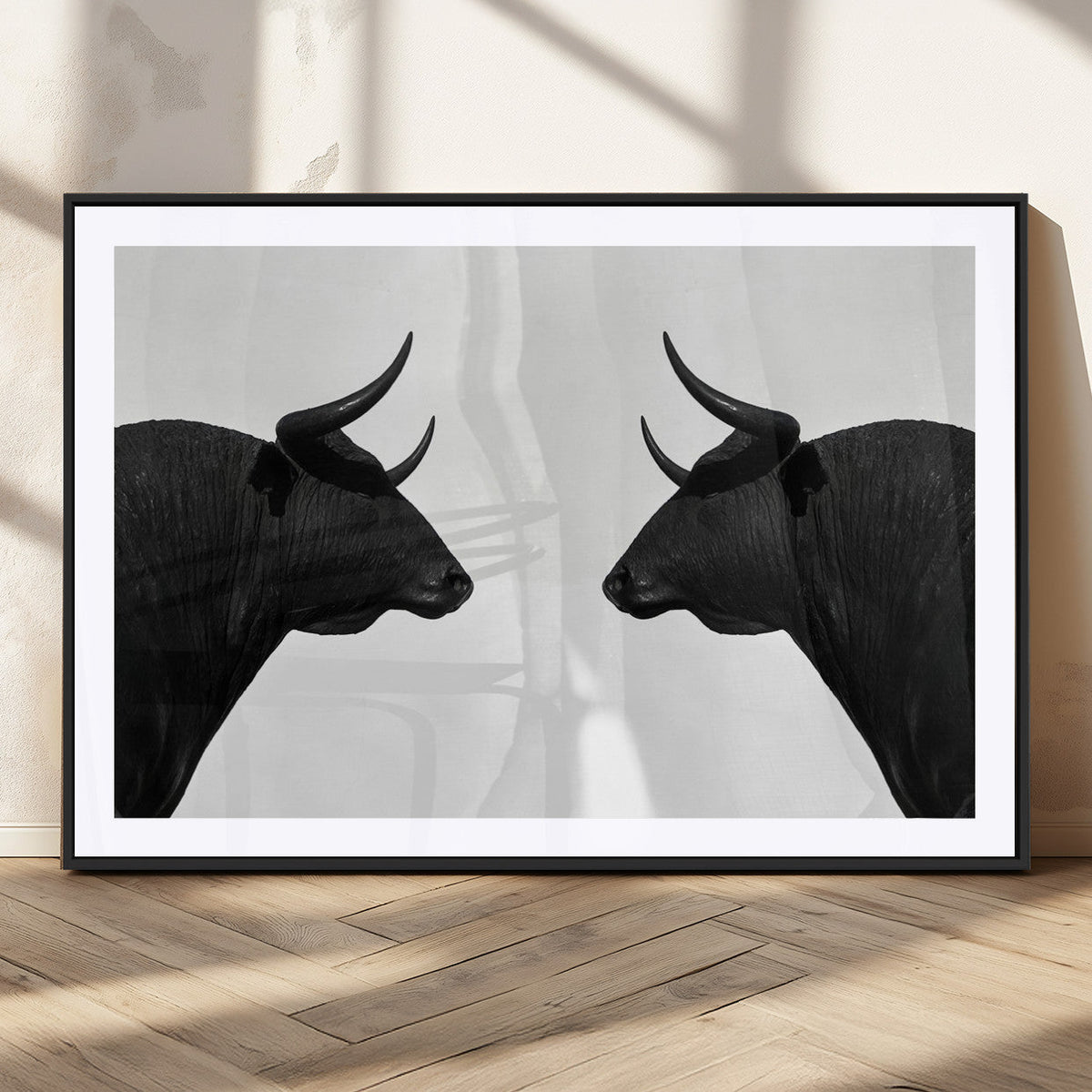 Spanish Bull Art - Framed Black and White Bull Canvas Print