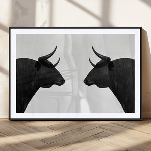 Spanish Bull Art - Framed Black and White Bull Canvas Print
