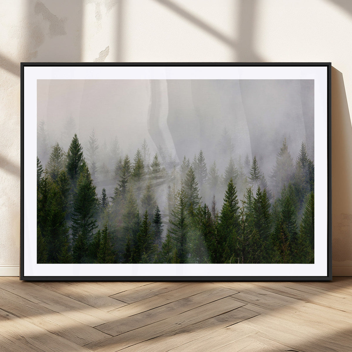 Misty Pine Forest Wall Art Canvas Print | 3 Panel Green