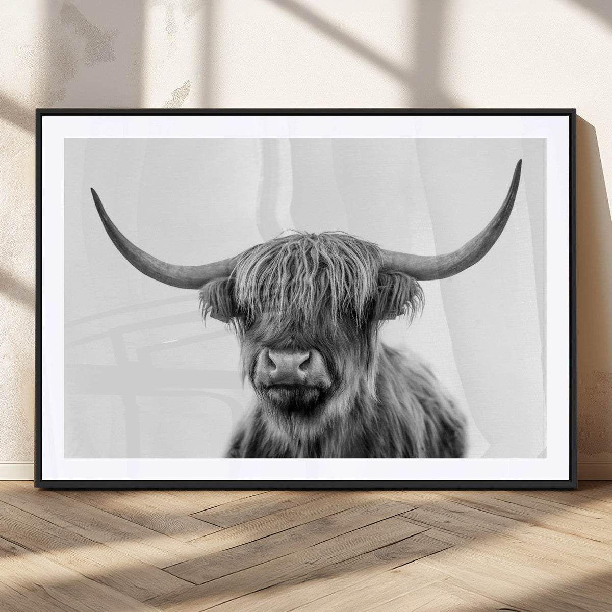Grayscale Scottish Highland Cow Cattle Art Print Farmhouse