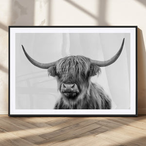 Grayscale Scottish Highland Cow Cattle Art Print Farmhouse