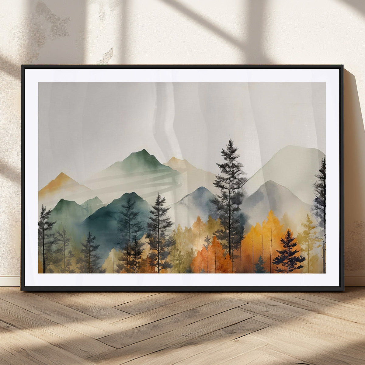 Abstract Watercolor Mountains and Trees Autumn Wall Art,