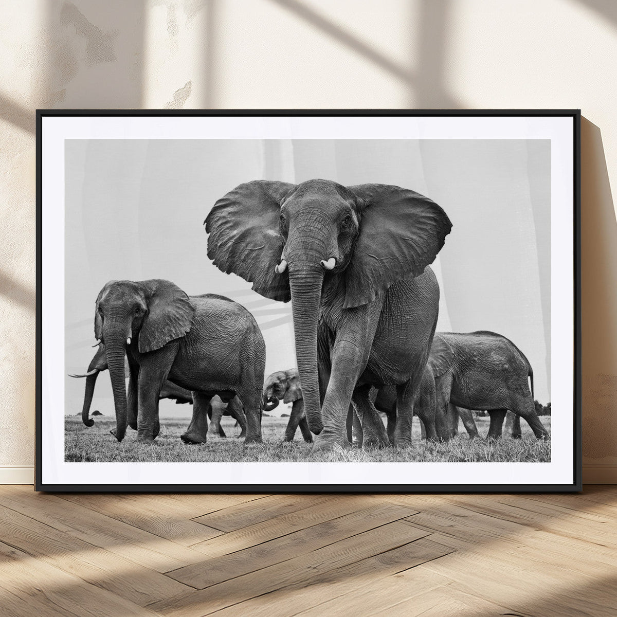 Black White Elephant Family Wall Art Canvas Print