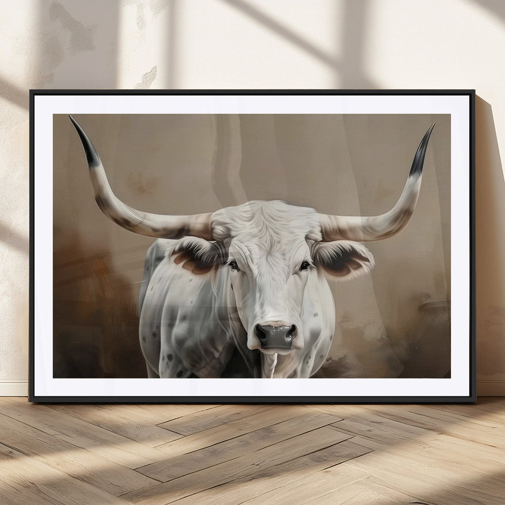 White Longhorn Bull Wall Art Canvas Print – Framed and Ready