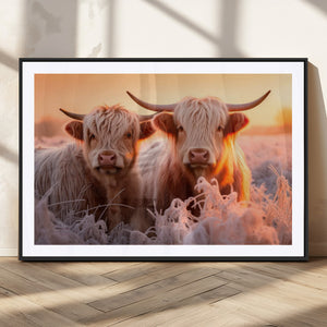 Highland Cows at Sunrise Wall Art Canvas Set – Serene and