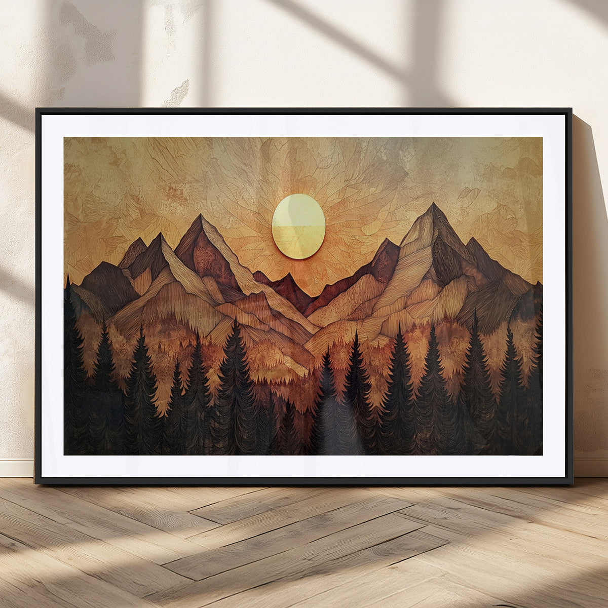 Wood Style Abstract Mountain Sunset Canvas Wall Art Print -
