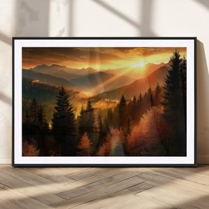 Golden Sunset Over Mountain Forest Canvas Wall Art Print -