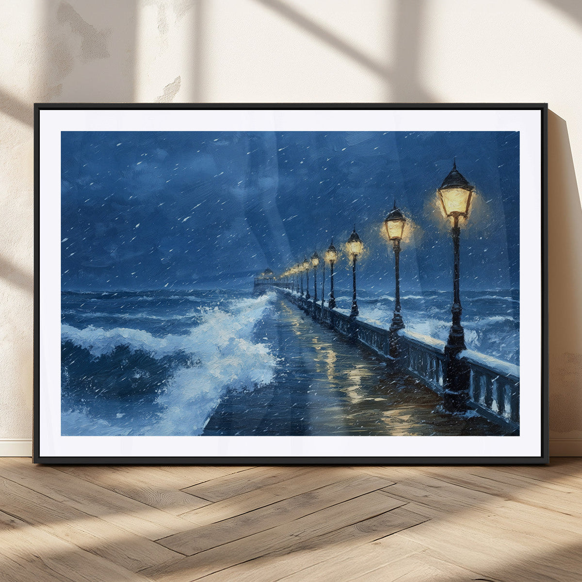 Stormy Ocean Pier Lights Canvas Wall Art Print - Large Moody