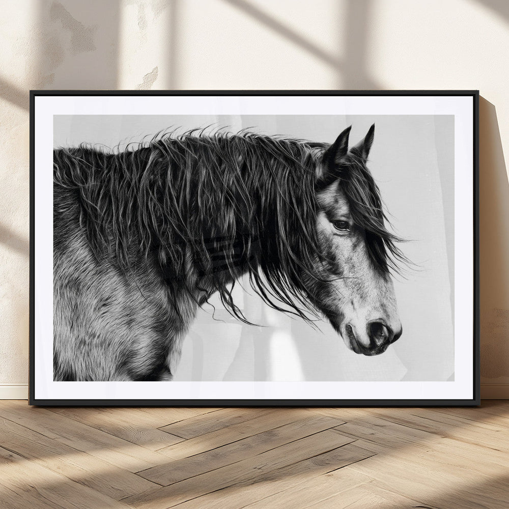 Majestic Horse Wall Art – Framed Black White Portrait Canvas