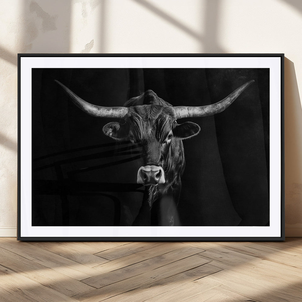 Texas Longhorn Wall Art Canvas Print – Framed Monochrome