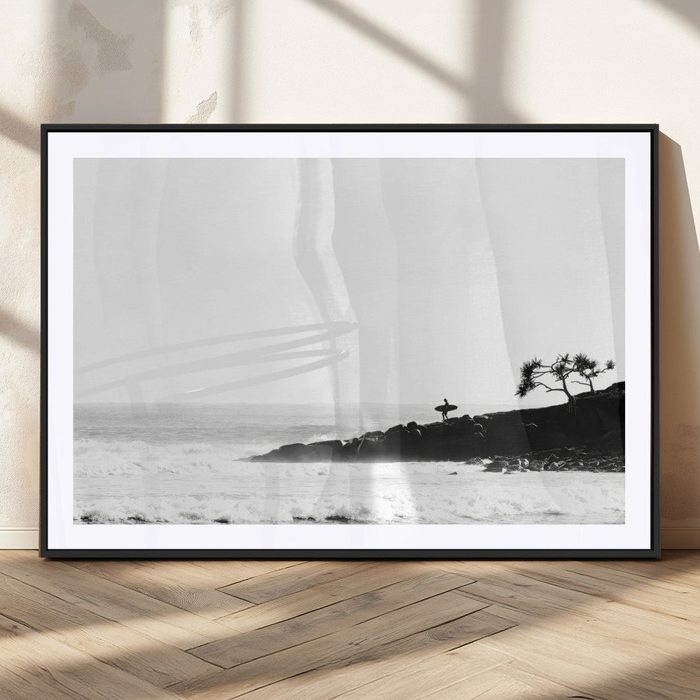 Surfer Cliffs Wall Art Canvas Print – Framed Black White