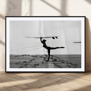 Yoga Surf Wall Art Canvas Print – Framed Black White Shore