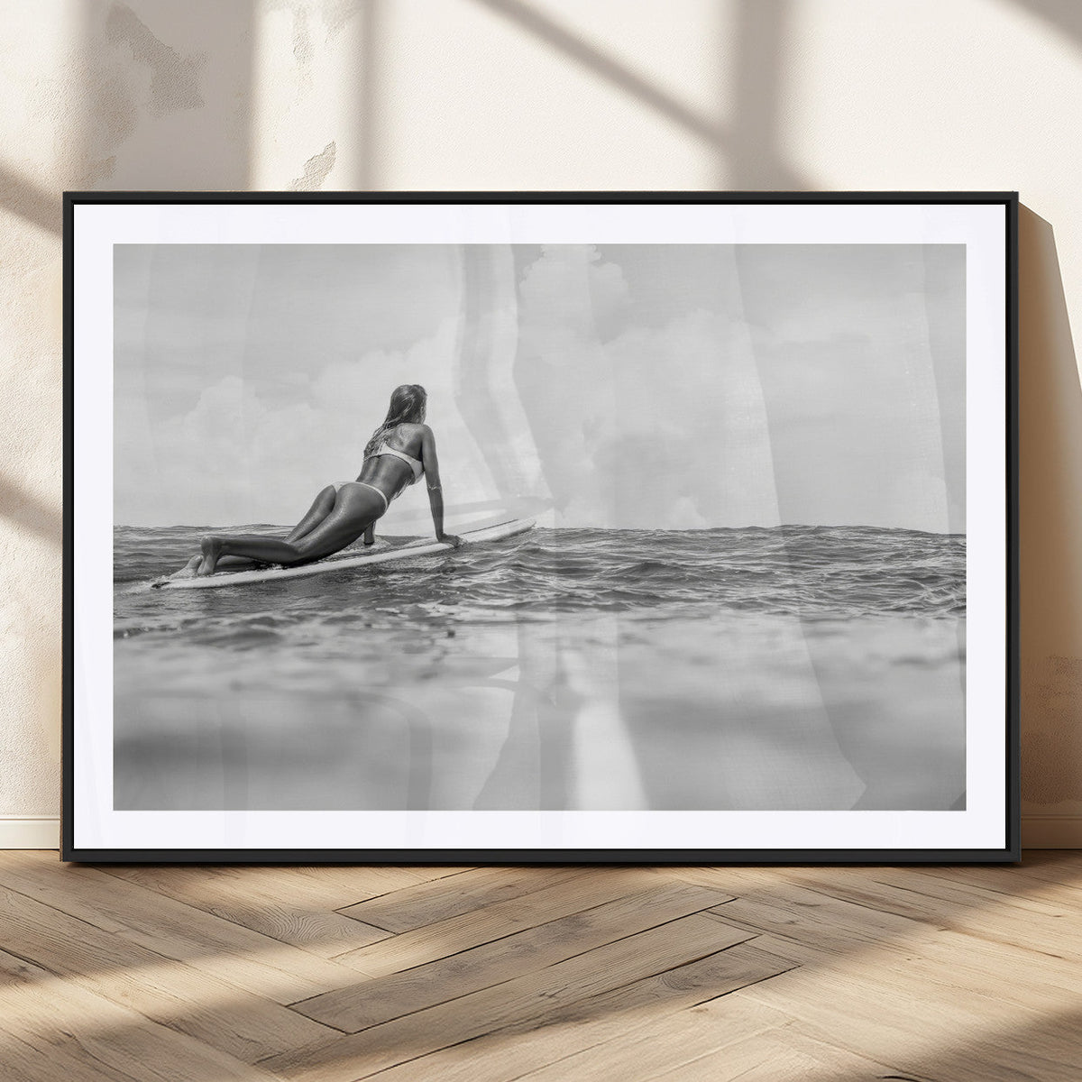 Black and White Surfing Wall Art Canvas Print – Framed Ocean