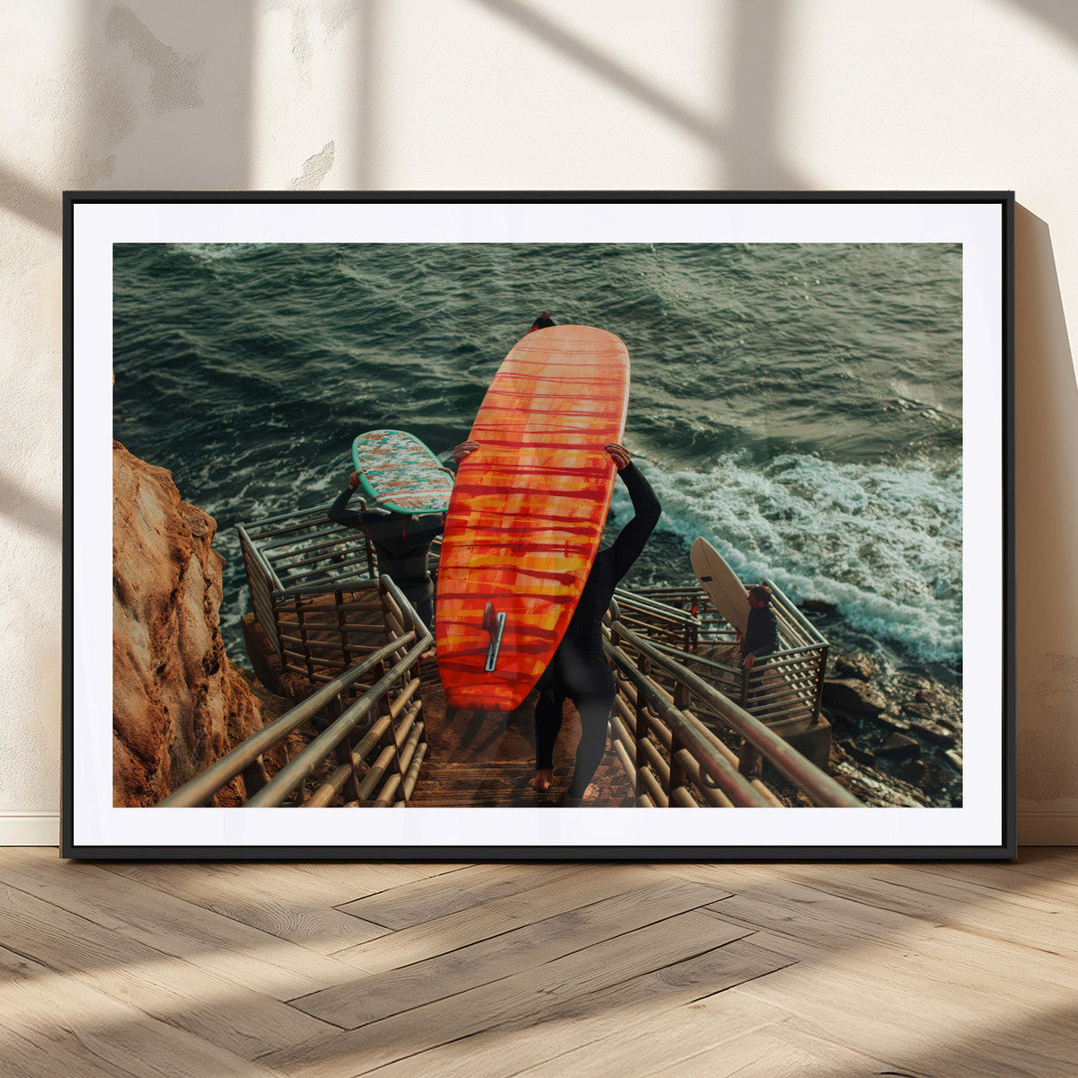 Surfer Stairway Wall Art – Framed Ocean Surf Canvas Artwork,