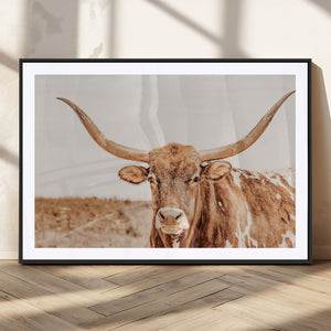 Texas Longhorn Wall Art Canvas Print – Framed Sepia Cow Art