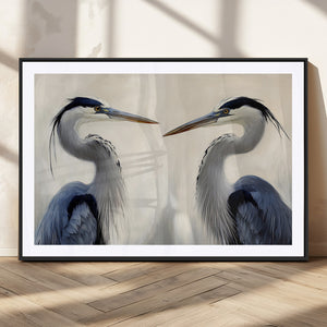 Blue Heron Pair Wall Art Canvas Print, Framed Coastal Bird