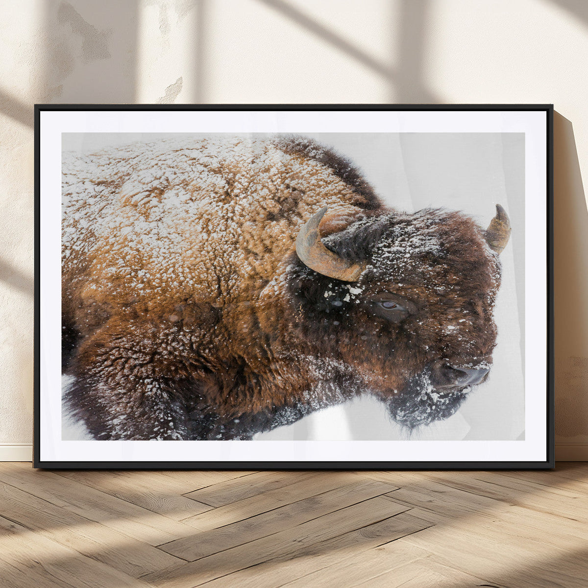 Snowy Buffalo Wall Art Canvas Print – Framed Rustic Lodge