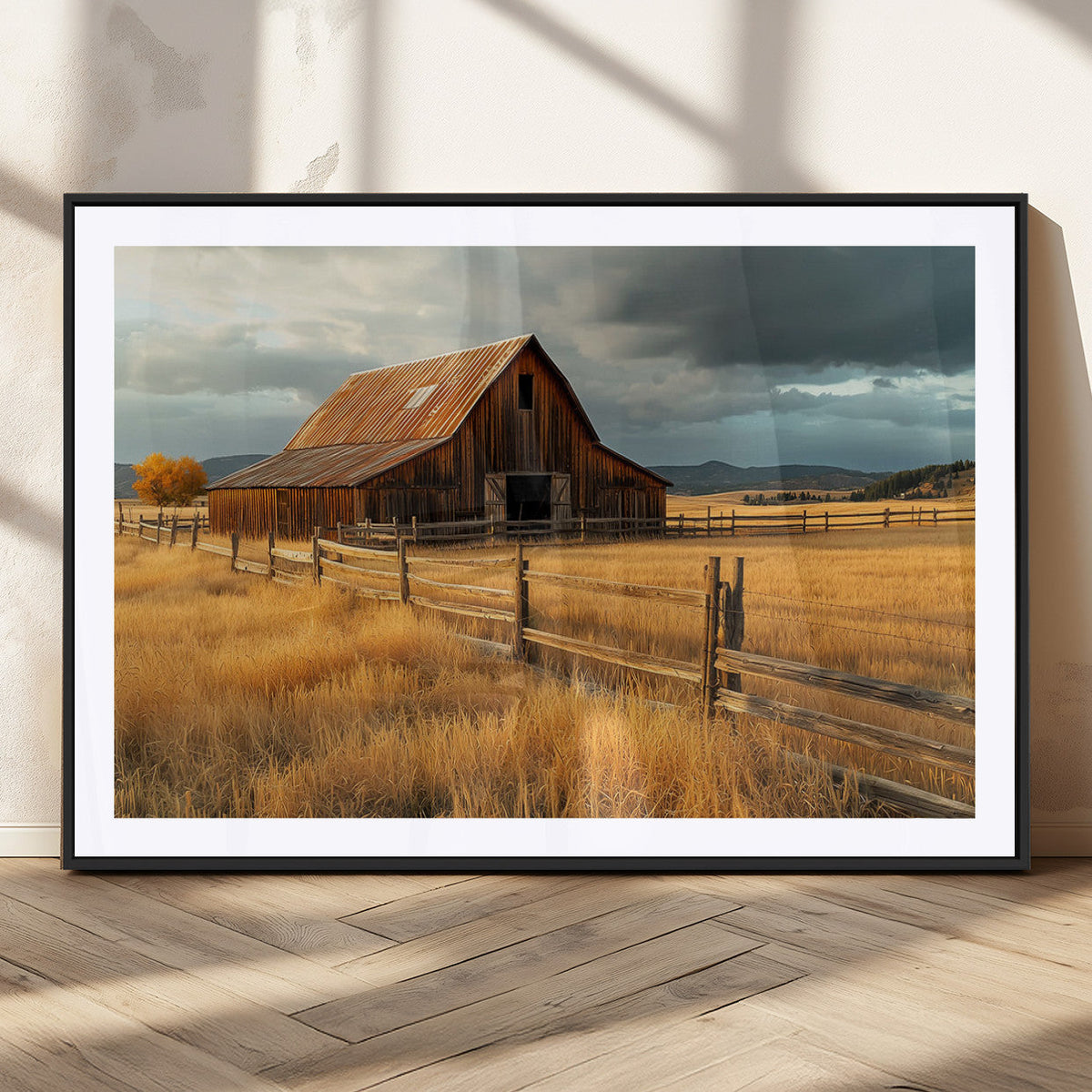 Golden Sunset Barn Wall Art Canvas Print, Rustic Autumn Farm