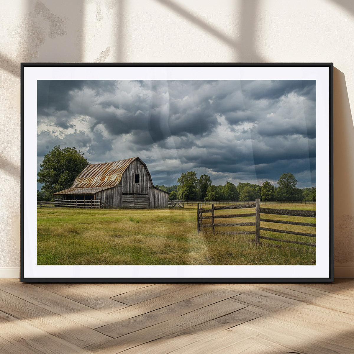 Rustic Stormy Barn Wall Art Canvas Print, Moody Country Farm