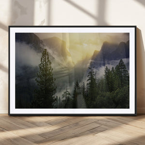 Misty Mountain Valley Wall Art Canvas Print, Golden Sunrise
