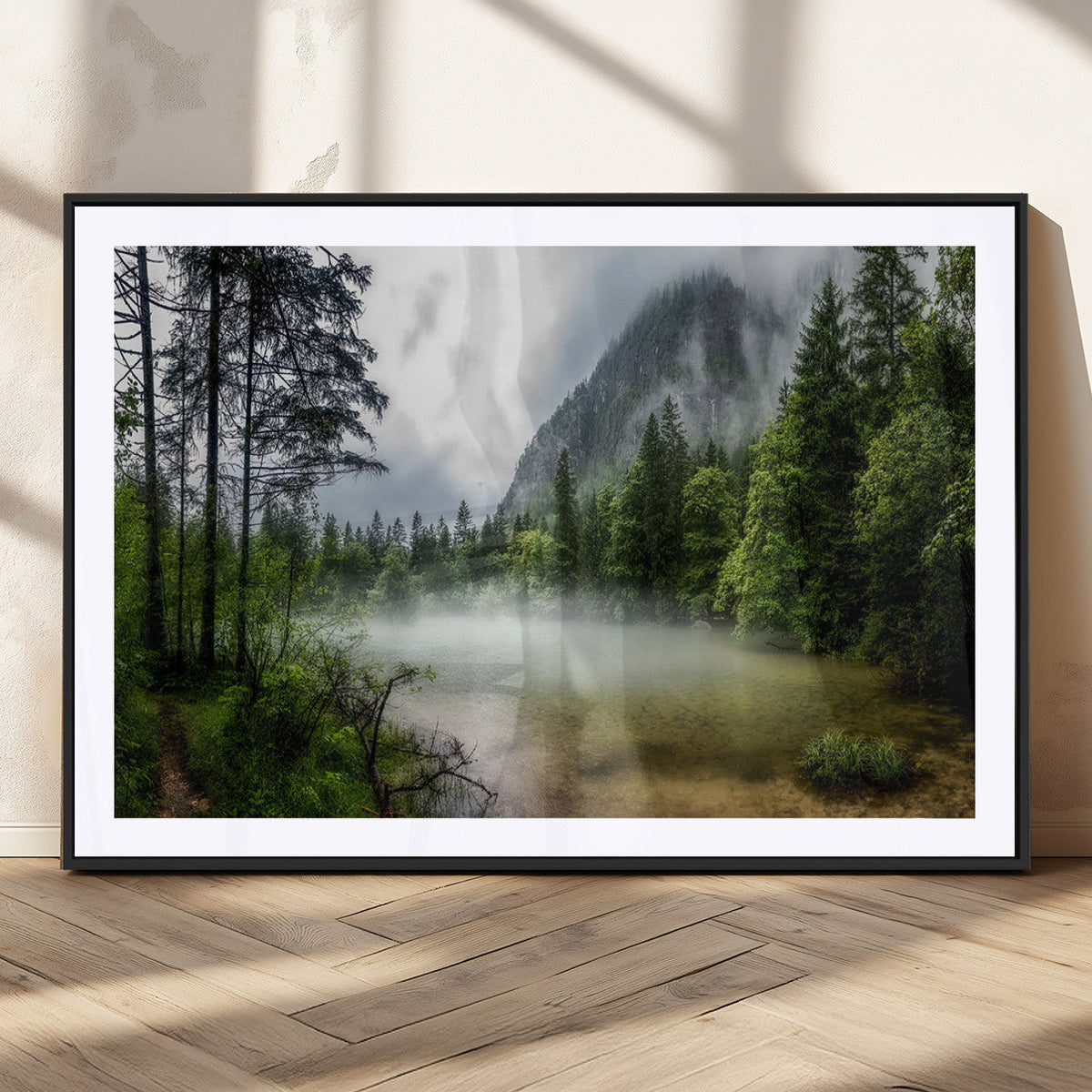Misty Lake Forest Wall Art – Green Trees Calm Water