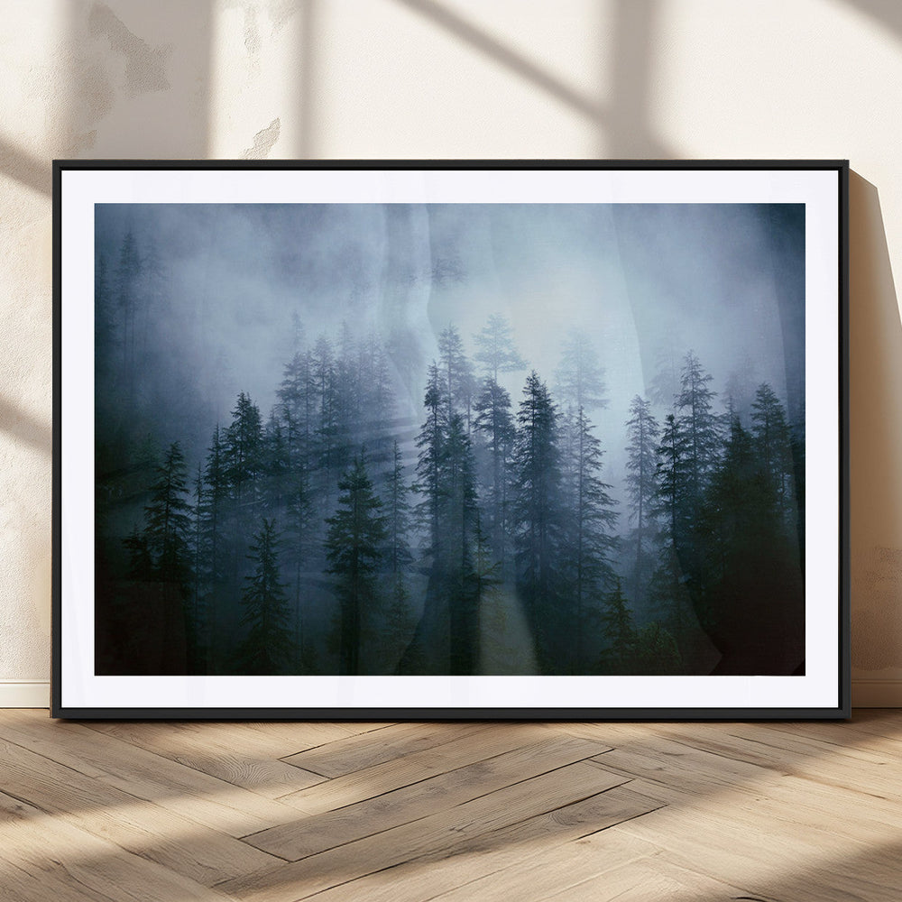 Foggy Evergreen Pines Wall Art Canvas Print, Mist Forest and