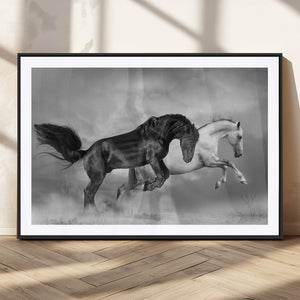 Wild Horses Wall Art Canvas Print – Framed Black and White